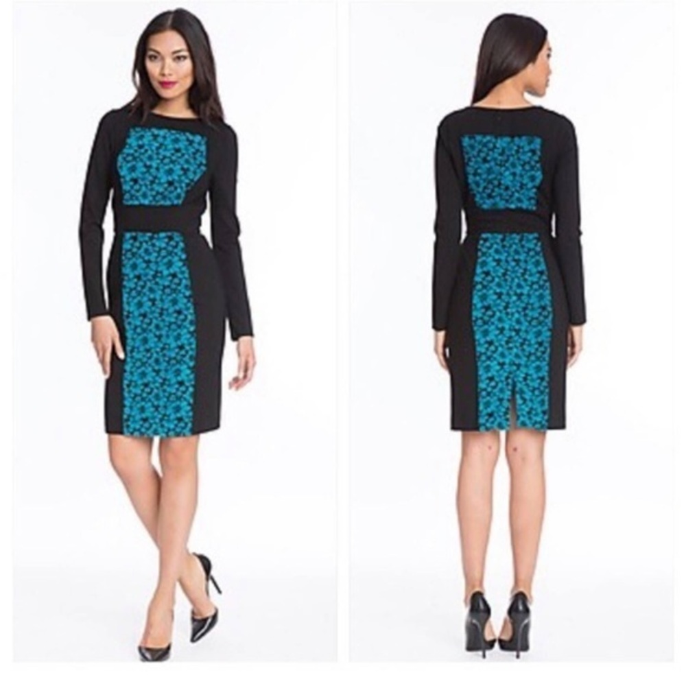 Plenty by Tracy Reese Lindsay Long Sleeve Black Turquoise Embroidered Dress Sz 0